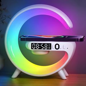 Wireless Charger Pad Stand Speaker TF Card RGB Night Light Lamp Alarm Clock Fast Charging Station Dock