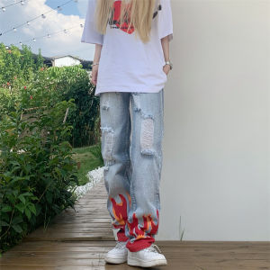 Hiphop Jeans Wanita Lubang Niche High Street Api Longgar Pinggang Tinggi Celana Lurus Celana Kasual