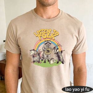 [Local Stock] HBESTY  Listen To Folk Raccoon Badger Hedgehog Band Rainbow Men Summer Cotton T Shirt Cute Wildlife Cartoon Casual Holiday Wear Tee