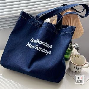 Original Embroidered Korean Style Ins Washed Denim Fashion All-Match Commuter Early Eight Shoulder Portable Denim Tote Womens Bag