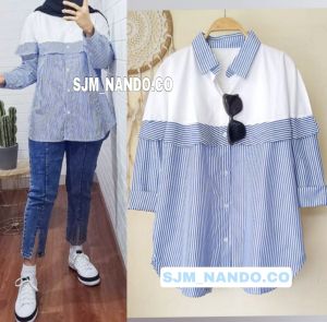 SJM KEMEJA KOMBINASI VOLTI MOTIF SALUR KEMEJA LENGAN PANJANG BAHAN KATUN IMPORT PREMIUM 043