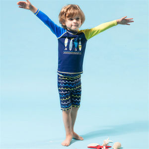 2-10 Y Boys Rash Guards Blue With Fish Pattern Kids Two Pieces Swimwear Long Sleeve Surfing Suit for Children Teens Swimming Pool Suit Schoolboy Water Sport Wear