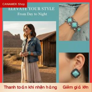 CS Thời trang mới Boho turquoises ear Studs đàn hồi Vòng đeo tay Bangle cho phụ nữ dân tộc cổ điển Bohemian Đảng trang sức quà tặng