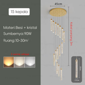 Gold Lampu Gantung Mewah Modern Ruang Tamu Villa Hotel Lampu Gantung Tangga 3 Warna Lampu Kristal Cahaya