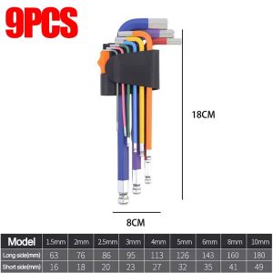 9PCS Allen Wrench Set Ball End Hex Keys Color Coded L Shape Steel Long Arm Spanner Tool Kits For Bike Furniture Repair DIY Projects