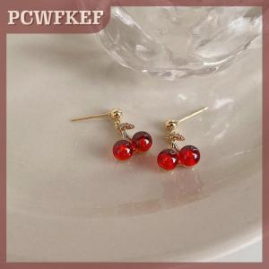 PCWFKEF Wine Red Cherry Gold Color Pendant Necklace Stud Earrings For Women Girls Personality Fashion Wedding Jewelry Birthday Gifts