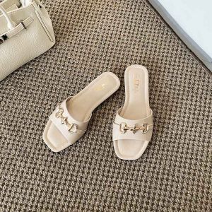 Women Flat Slippers With Metal Buckle Square Toe Sandals Casual Summer Sandals for Women Multi Color 3018-18