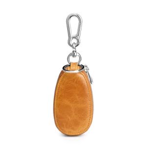 Popular vintage oil wax leather double-layer zipper key case oval car key protector genuine leather key pouch