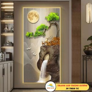 Tranh Phong Thủy Sơn Thủy Hữu Tình Viền LED Đính Đá Tráng Gương Cao Cấp Trang Trí Phòng Khách Phòng Ngủ Quán Cafe