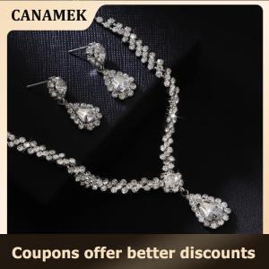 【 CANAMEK 】 Fashion Simple Water Drop Crystal Rhinestone Necklace Earrings For Women Wedding Bride Light Luxury Jewelry Sets Accessories