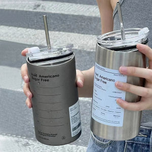 Botol Minum Stainless Botol Coffe + Sedotan Tumbler Termos Portable Anti Tumpah 600ml