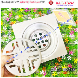 Thoát sàn Viva KAG-TS241 inox 304 Kích thước 15x15cm D90  Phễu thoát nước nhà tắm chống hôi SUS304 siêu bền MẪU MỚI SỌC V