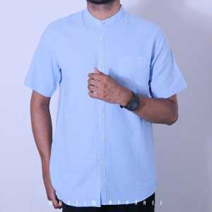 Kemeja Kasual Pria Lengan Pendek Katun Linen Bahan Adem - Baju Koko Muslim Polos Pria Biru Sky