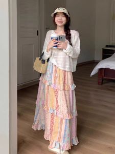 Alisa.Sonya Womens new spring and autumn floral skirt with high waist and black fungus edge splicing A-line skirt