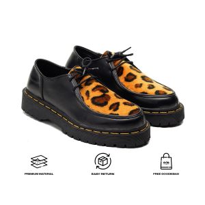 Edefootwear HARLAND - Sepatu Boots Casual Derby Wallabees Kulit Tali Hitam Motif Leopard Pria
