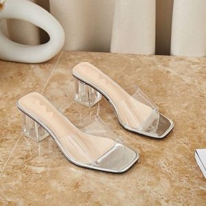 [Free Shipping] Transparent sandals for summer 2026 new model square toe high-heeled crystal fashion mid-heel chunky heel sandals for women