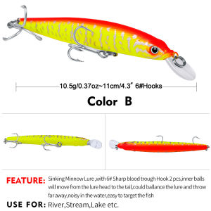 PROBEROS 1 unit Laser Minnow Lure Sebarau 11cm 10.5g Bionic Hard Fishing Lure Casting Sinking Lures dengan Sharp Hook Tackle DW481