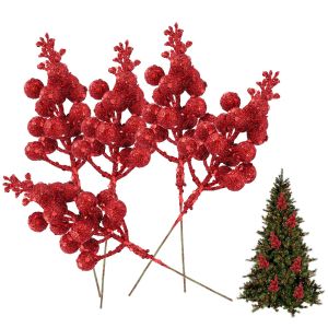 5 Pack Artificial Gold Sliver Red Berry Stems Artificial Berry Picks Branches for Christmas Tree Ornaments