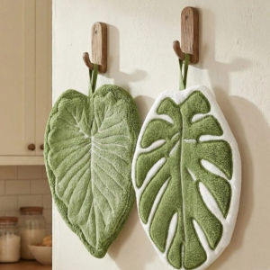Kitchen Absorb Water Hand Towel Quick Dry Coral Velvet Thickened Hanging Hand Wipe Green Leaf Decor