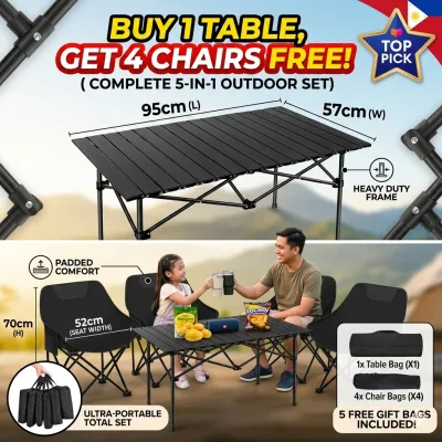 95cm Large Foldable Camping Table and 4 Moon Chairs High Quality Steel Frame Outdoor Picnic Furniture Set One-Stop Adventure Gear Black Edition