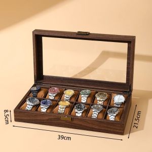 Happihaus Wood Watch Storage Box 2-12 Slot Dust Proof Glass Cover Portable Watch Organizer Watch Jewelry Box