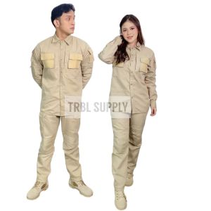 SETELAN KEMEJA DAN CELANA TACTICAL WARNA KHAKI LAPANGAN OUTDOOR | KEMEJA LENGAN PANJANG VELCRO CELANA TACTICAL BANYAK SAKU | FREE PATCH BENDERA MERAH PUTIH