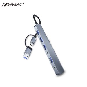 [24Hs Delivery]  USB-C Hub 2-in-1 7Port Replicator USB 3.0 Type-C High Speed/USB 2.0*4/Type-C*2  Aluminum Alloy Reader Slot PD Laptop Docking Adapter Multi-function Portable Extension Data Hub