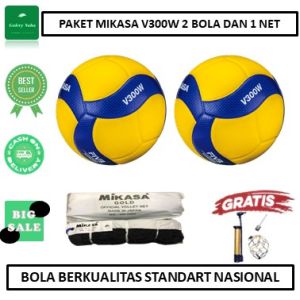 PAKET BANYAK DAN LENGKAP 2 BOLA VOLLY MIKASA V300W  DAN 1 NET VOLI MIKASA GOLD - BOLA INTERNASIONAL