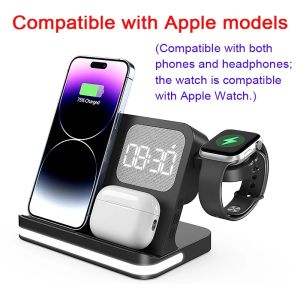 4 in 1 Charger Alarm Clock Stand Multi-functional Wireless Fast Charging Station with Three-Level Adjustable LED Light for Phone