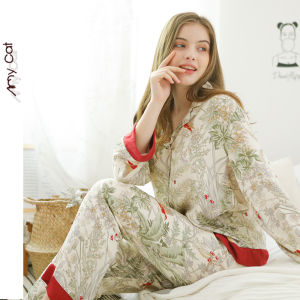 Four Seasons Cotton Casual Satin Green Grass Printing Set Can be worn outside loungewear