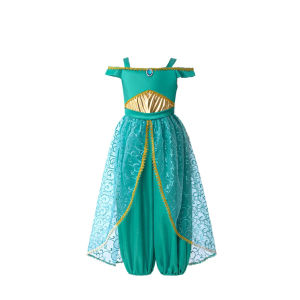 Jasmine Cosplay Dress Girls Childrens Day School Stage Performance Clothes Set Kids Green Sequin Tulle Princess Outfits
