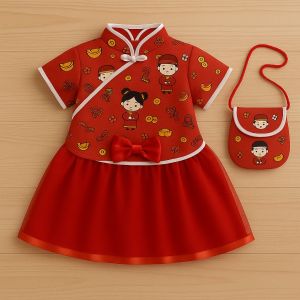 Dress Anak Cina Imlek Merah Elegan | Puring | Bonus Tas | 3 Bulan–7 Tahun Dres Cantik Terbaru