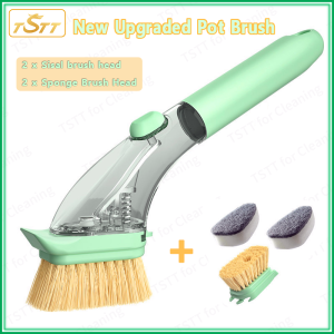 Long Handle Liquid Pot Brush Kitchen Cleaning Brush With Dishwashing Sponge Household Cleaning Tools Automatic Soap Dispensing Dish Washing Brush