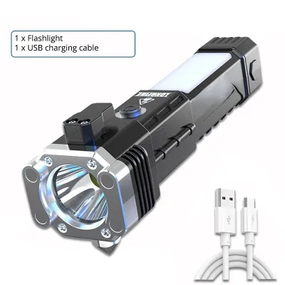 Powerful COB LED Solar Flashlight Car Torch with Safety Hammer Strong Magnet Side Light Portable Lantern for Outdoor Working Emergency