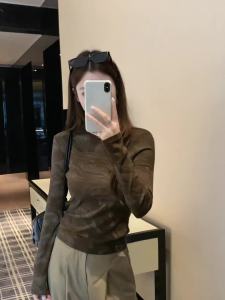 2025 Autumn New Half High Collar Tie-Dye Print Retro Long Sleeve T-Shirt for Women Korean Style Simple Round Neck Casual Elegant Blouse