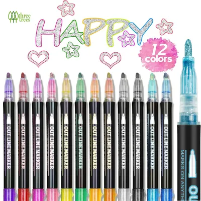 8 /12/24 Pcs/set Outline Paint Marker Pens Double Line Pen Album Metal Marker Glitter For Christmas Greeting Cards DIY Photo Album Metal Ceramic Glass Party Decor