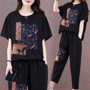 Retro Leaf Creative Printing Casual Fashion Womens Set Large Size Age Reducing Sports Wear Two Piece Set