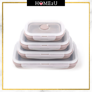 4pcs/set Silicone Foldable Lunch Box Bento Food Storage Container with Lid Round /Rectangle 硅胶可折叠便当伸缩盒4件组【Home2u】