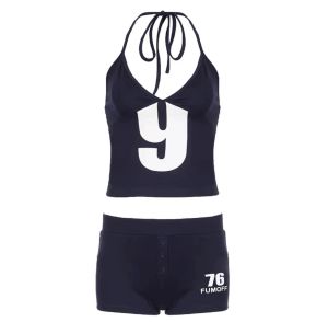 เซ็ต 2ชิ้น ชุดออกกำลังกาย สีกรม ผ้าโพลิเอสเตอร์ เสื้อมีสายผูกคล้องคอพิมพ์อักษร Y + กางเกงขาสั้นเอวยางยืด แต่งกระดุม ชุดว่ายน้ำ #2450