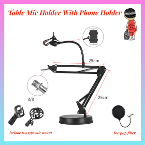 Table Microphone Holder Mic Stand Desktop Mic Holder With Phone Holder Stand With Pop Filter Mic Mount