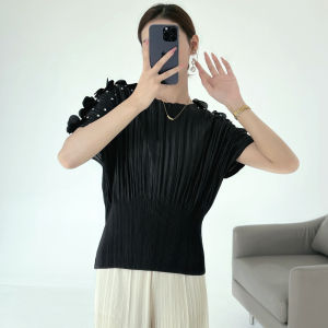 92548 Miyake Summer Beaded Round Neck Short Sleeve Top With Ruched 3D Embroidery Loose Waist T-Shirt One Size (45-75kg)