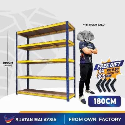 🐘 HYPERACK™️ Adjustable 5 Tier Metal Boltless Rack Rak Dapur Rack Shelf Rack Kitchen Rak Besi Bertingkat Heavy Duty Rack Rak Buku Rak Serbaguna Warehouse Storage Rak Store Office Rack 架子铁架置物架 (Blue and Yellow 5 Levels)
