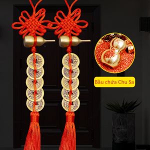 Dây Treo Tiền Xu Kiểu Cổ Ngũ Đế ( 5 Đồng Xu ) + 1 Bầu Hồ Lô + Chu Sa mang lại may mắn Bình An Sung Túc An Toàn.