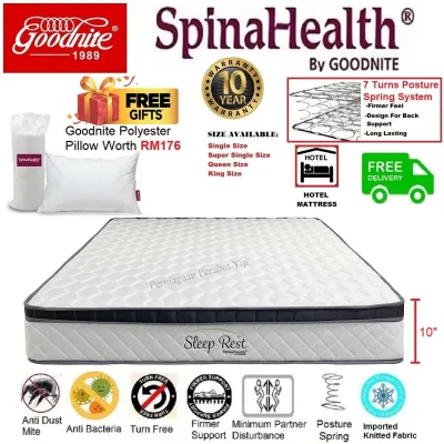 New Goodnite SpinaHealth Sleep Rest / Vivo Rest 10 Inch Posture Spring Mattress Tilam (Single/ Super Single/ Queen/ King) With Free Pillow