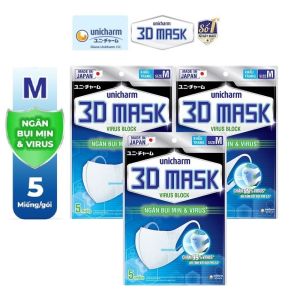 Combo 3 Gói Khẩu trang siêu bảo vệ Unicharm 3D Mask Virus Block size M ngăn bụi mịn và vi khuẩn (gói 5 miếng)