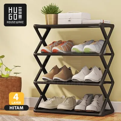 HUGO Rak Sepatu Portable 4 Susun Tempat Sepatu Sandal Serbaguna Minimalis Stainless Steel Kokoh