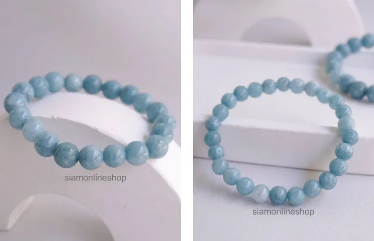 AQUAMARINE หินอความารีน เลือกขนาดเม็ดหินได้ (4-14 มม.) หินแห่งความสงบและปกป้อง สร้อยข้อมือหินแท้