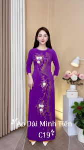 Áo Dài Lụa Mỹ Cao Cấp Họa Tiết Thêu Ruy Băng Nổi + Vẽ Kim Tuyến Thủ Công Tỉ Mỉ - Mã C19