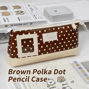 SHIRUI PU Leather Pencil Case Brown Polka Dot Design Pencil Pouch Waterproof With Photo Window Stationery Bag Gift