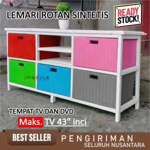 Meja TV 43 Inci Rotan Sintetis 8 Laci Rak Lemari Bufet Buffet Ruang Tamu Serbaguna Modern Minimalis